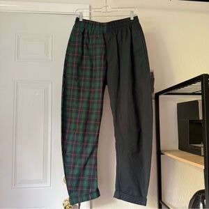 CLOT green black plaid cotton patchwork slim straight leg pants